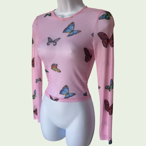 Superdown NWT "Ari" Pink Butterflies Sheer Mesh Long Sleeve T Shirt size XS - Picture 5 of 9